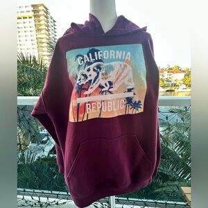 California Republic Bear Sunset Graphic Hoodie – Maroon Pullover Sweatshirt Sz L